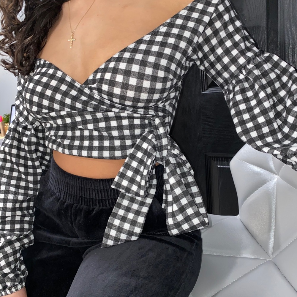 Checkered Off the Shoulder Crop Top